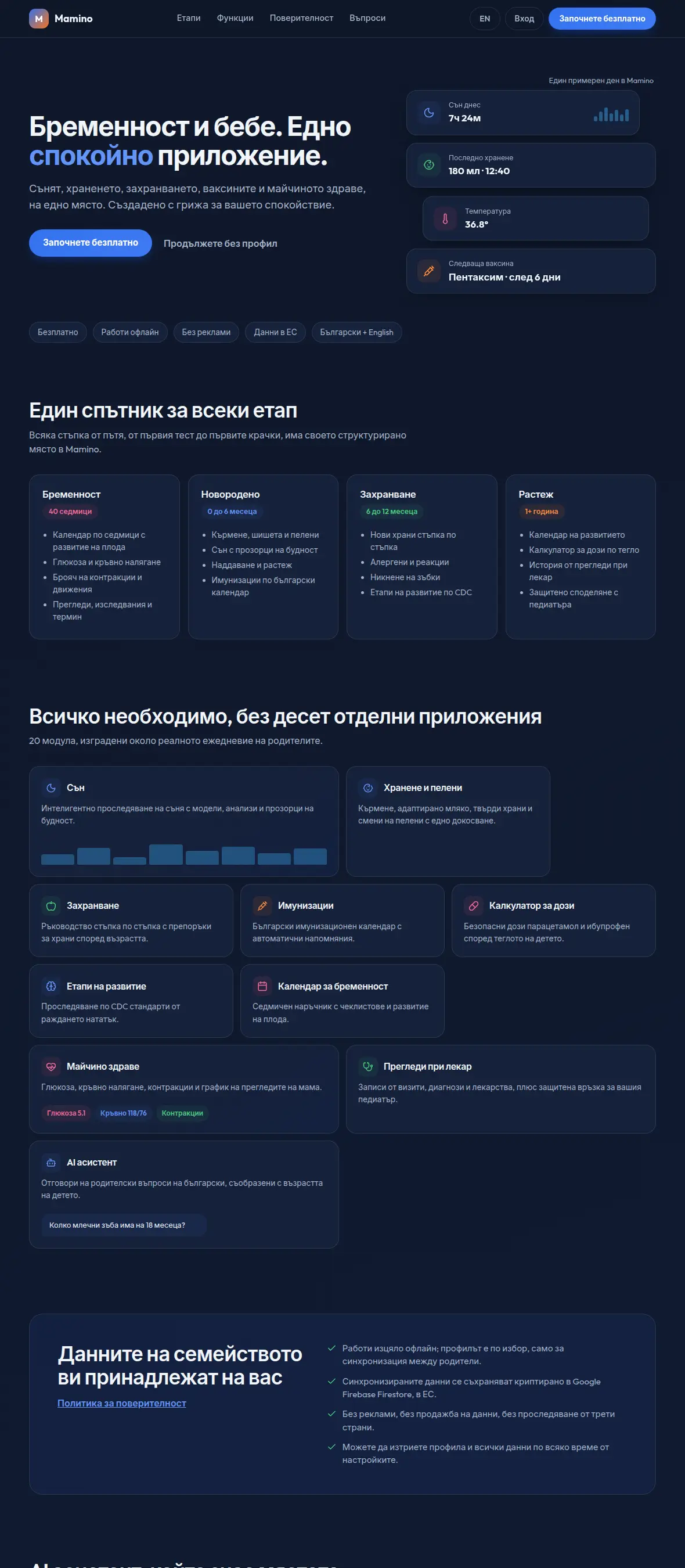 The Mamino landing page, showing the stages it covers from pregnancy to toddler